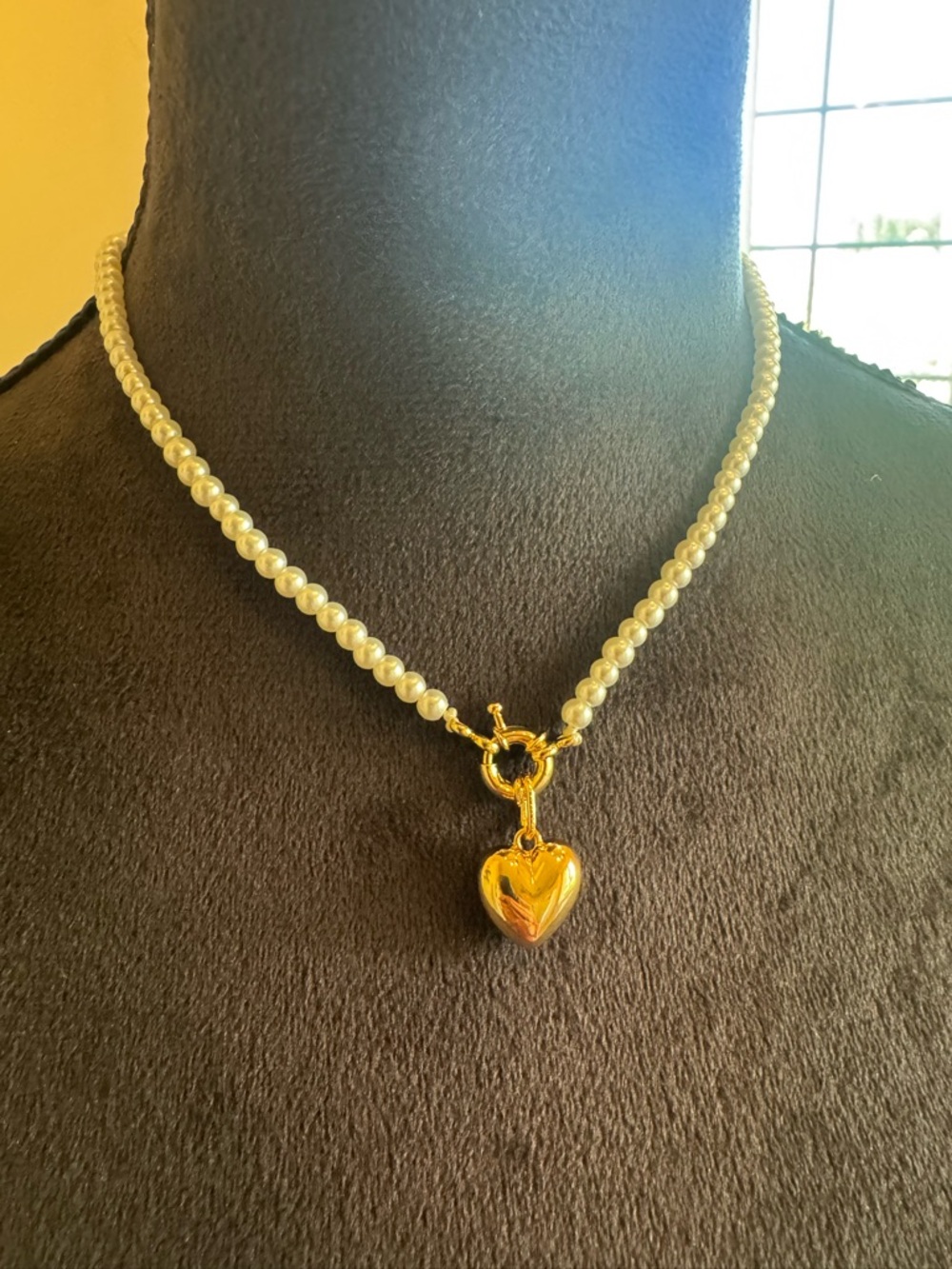 Classic Ivory Faux Pearl Necklace with Gold Heart Pendant
